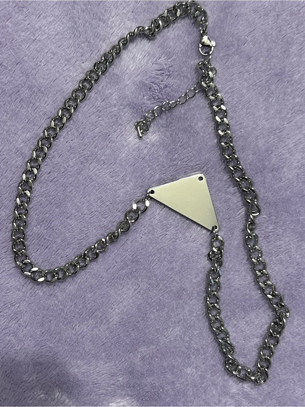 Upcycled HandmadePrada Silver-Tone Chain Necklace with Pink Triangle Logo Pendan